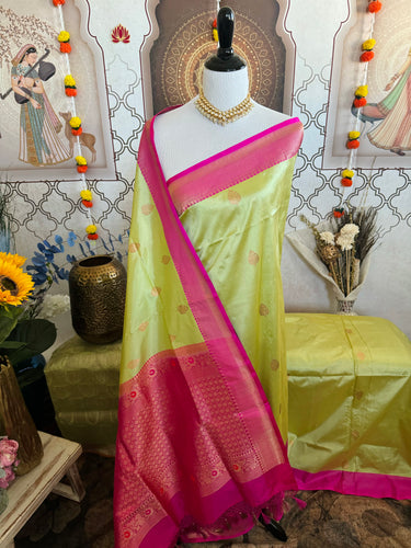 Banarasi Katan Pure Silk Saree | Light Pistachio Green & Pink | Gold Zari | Handwoven | Silk Mark Certified | Ships from California